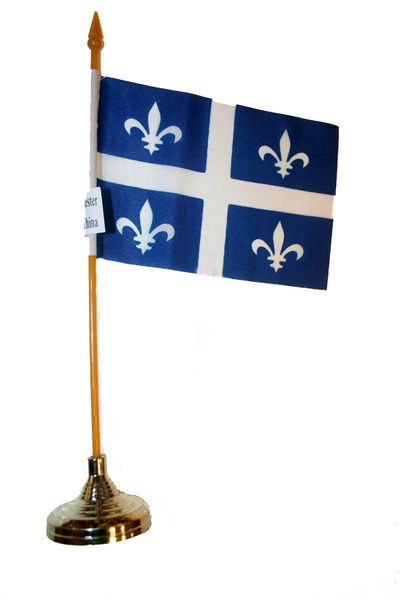 QUEBEC - CANADA PROVINCIAL FLAG 4" X 6" INCHES MINI STICK FLAG BANNER WITH GOLD STAND ON A 10 INCHES PLASTIC POLE .. NEW AND IN A PACKAGE.