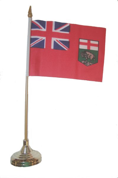 MANITOBA - CANADA PROVINCIAL FLAG 4" X 6" INCHES MINI STICK FLAG BANNER WITH GOLD STAND ON A 10 INCHES PLASTIC POLE .. NEW AND IN A PACKAGE.