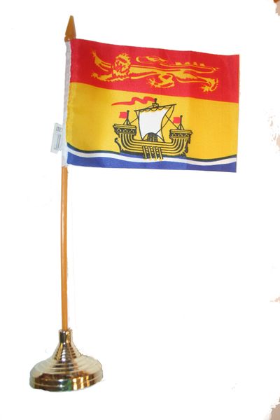 NEW BRUNSWICK - CANADA PROVINCIAL FLAG 4" X 6" INCHES MINI STICK FLAG BANNER WITH GOLD STAND ON A 10 INCHES PLASTIC POLE .. NEW AND IN A PACKAGE.