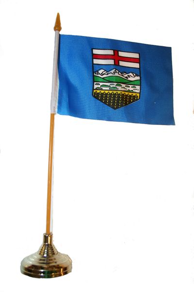 ALBERTA - CANADA PROVINCIAL FLAG 4" X 6" INCHES MINI STICK FLAG BANNER WITH GOLD STAND ON A 10 INCHES PLASTIC POLE .. NEW AND IN A PACKAGE.