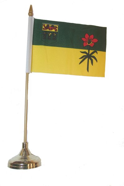 SASKATCHEWAN  4" X 6" INCHES MINI  CANADIAN PROVINCE STICK FLAG BANNER WITH STICK STAND ON A 10 INCHES PLASTIC POLE .. NEW AND IN A PACKAGE.