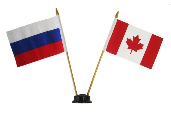 RUSSIA & CANADA SMALL 4" X 6" INCHES MINI DOUBLE COUNTRY STICK FLAG BANNER ON A 10 INCHES PLASTIC POLE .. NEW AND IN A PACKAGE