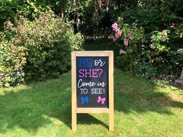 welcome sandwich board sign for gender reveal. for hire in west sussex