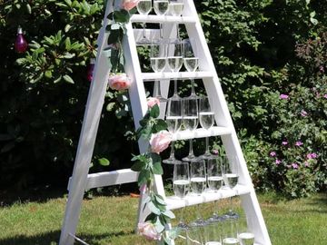 vintage prosecco ladder, holding 20 champagne flutes for wedding party. to hire in west sussex