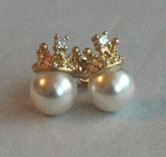Gold Swarovski Pearl Crown Tiara Stud Post Children Earrings