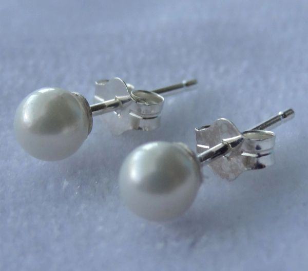 Baby Girl Children White Pearl Stud Post in Sterling Silver Earrings, Flower Girl Earrings, First Communion
