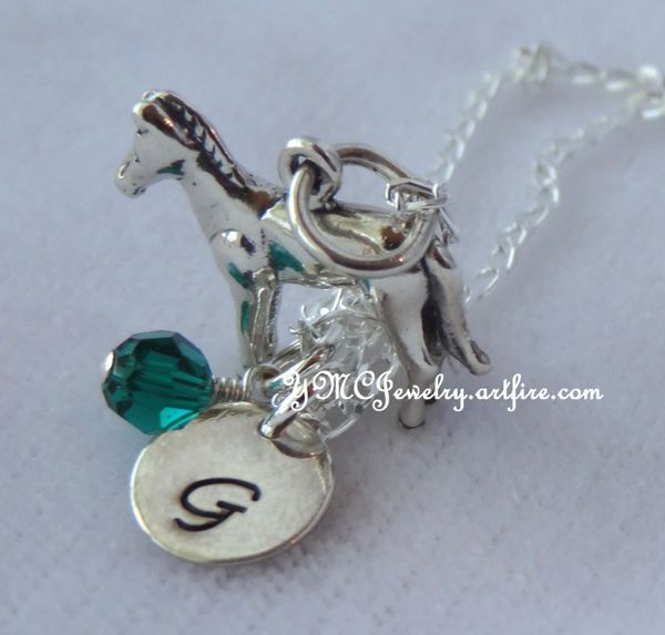 Sterling Silver Personalized Horse Necklace, Birthstone Necklace, Initial Necklace, Horse Necklace, Equestrian Jewelry
