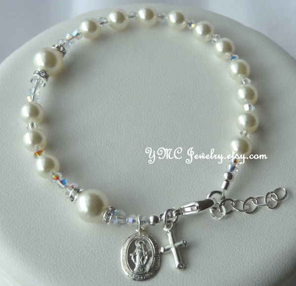 Sterling Silver Pearl Rosary Bracelet, First Communion Bracelet, Confirmation, Godmother Bracelet, Chaplet Rosary Bracelet,Chaplet Bracelet