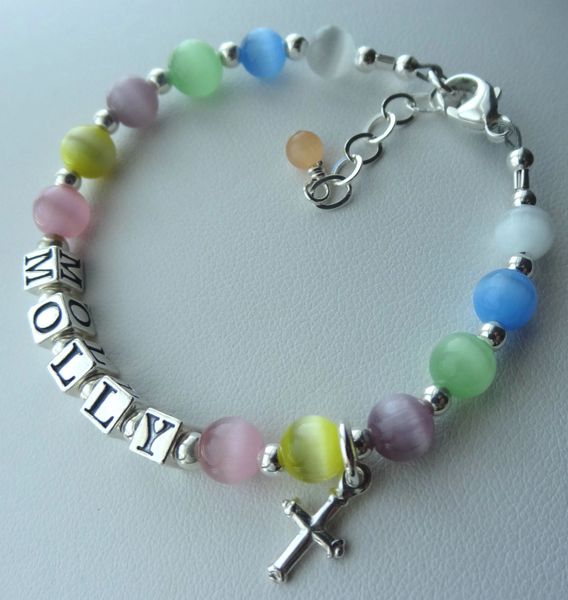 Personalized Sterling Silver Multicolor Cat Eye Cross Name Children Bracelet, Baptism, First Communion, Birthday