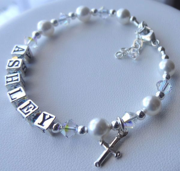 Personalized Sterling Silver Swarovski Crystal Cross, Name Children Bracelet, Birthstone, Baptism, First Communion