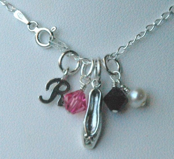 Sterling Silver Initial Ballerina Necklace, Ballet Slipper Charm, Personalized, White Black and Pink, Ballet Slipper Necklace,Recital Gifts
