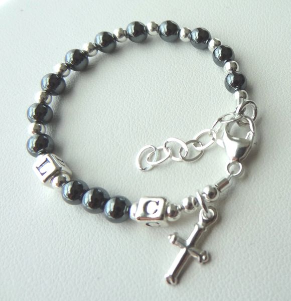 Sterling Silver Baby Boy Initial Baptism Rosary Bracelet, Christening Boy Bracelet, Gray Bracelet, Initial Baby Bracelet, Rosary Bracelet