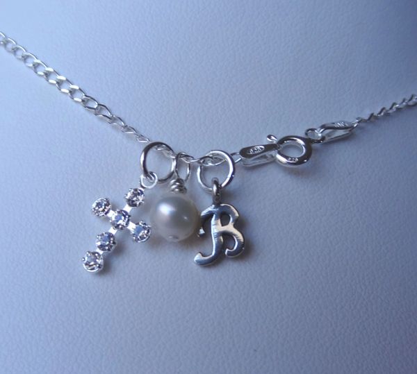 Birthstone Cross Initial Children Girl Necklaces, Initial Necklace, Birthstone Necklace, First Communion, Confirmation,Cross Pearl Necklace