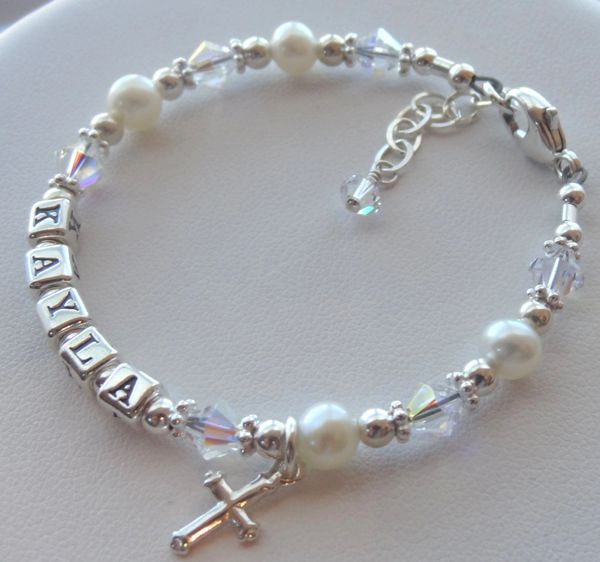 Personalized Sterling Silver Feshwater Pearls and Swarovski Crystal, Name Children Bracelet, Birthstone, Baptism, First Communion