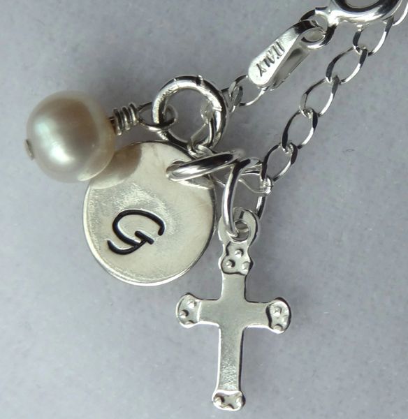 Sterling Silver Tiny Cross Freshwater Pearl and Stamped Initial Pendant, Initial Letter, Birthstone Necklace, First Communion,Cross Pearl