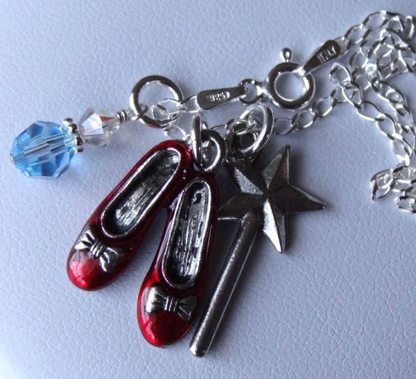 Wizard Of Oz -- Sterling Silver, Ruby Slippers, Wand and Dangle color Charms Children Necklace