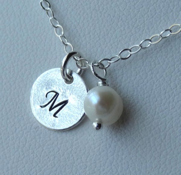 Sterling Silver Freshwater Pearl Baby Child Initial Pendant Necklace, Birthstone, Personalized, Flower Girl Necklace, Junior Bridesmaids