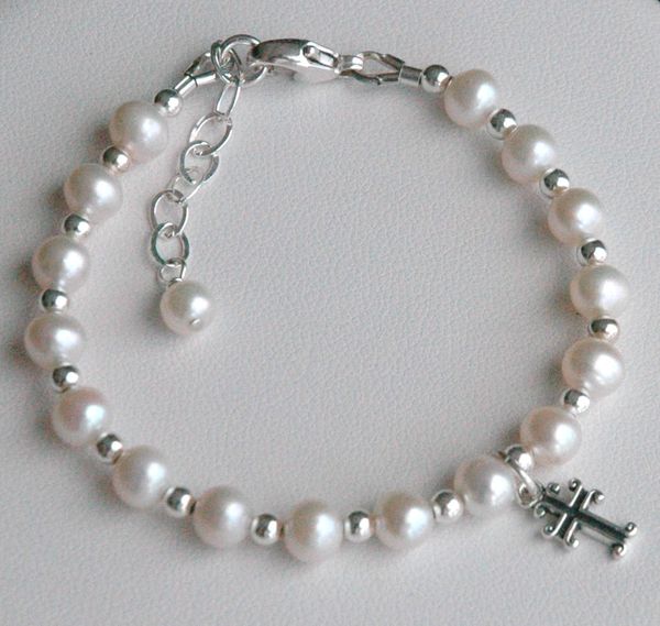 Sterling Silver Freshwater Pearls with Cross Children Bracelet