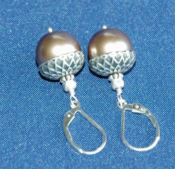 Sterling Silver Bronze Acorn Earrings, Acorn Earrings, Swarovski Crystal Pearl Acorn Earrings, Leverback Earrings,Woodland Autumn Earrings