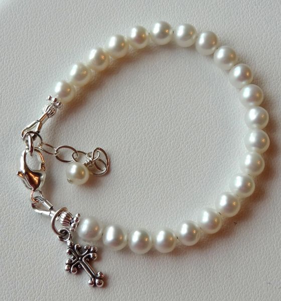 Sterling Silver Baby Child Freshwater Pearl Cross Bracelet, Baptism, Christening, First Communion, Confirmation