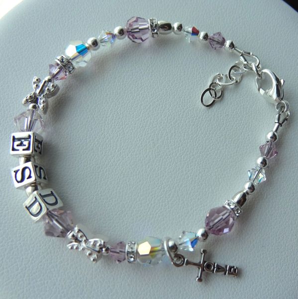Initial Name Bracelet, Personalized Baby Name Bracelet ,Baptism, Christening, First Communion, Flower Girl Bracelet, Pink Lavender