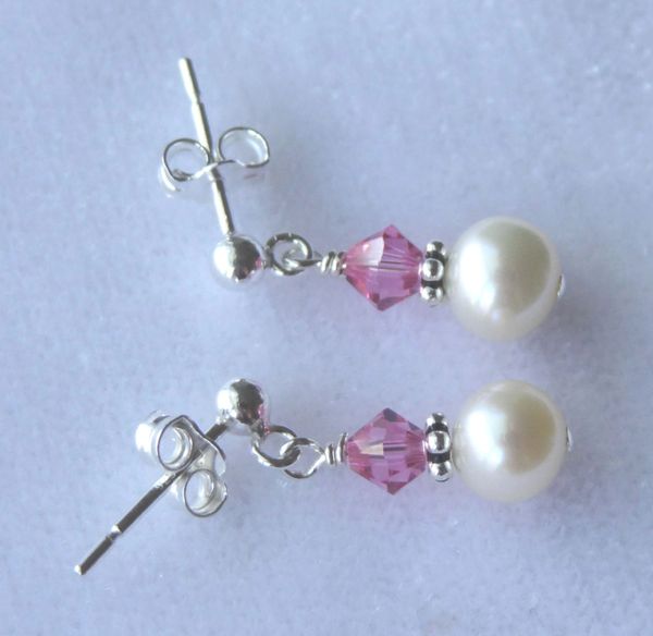 Swarovski Crystal and Freshwater Pearl Post Earrings, Flower Girl Earrings, Junior Bridesmaid Earrings,First Communion Earrings