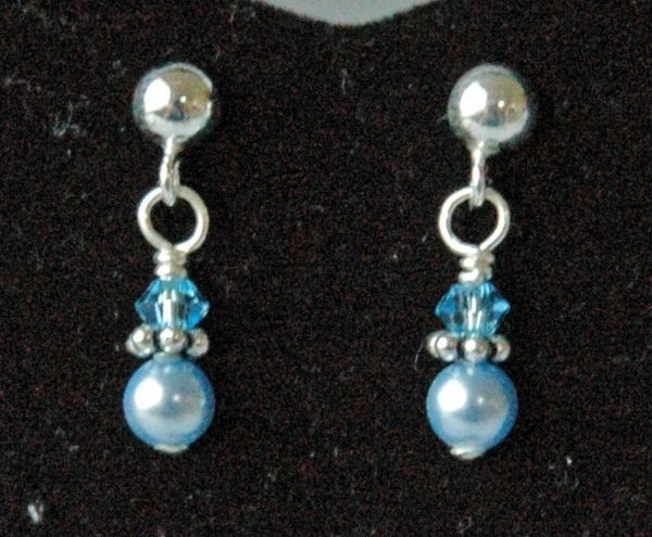 Swarovski Crystal Aquamarine, Pearl Light Blue and Sterling Silver Earrings, Tiny Crystal Earrings, Small Pearl Earrings, Tiny Stud Earrings