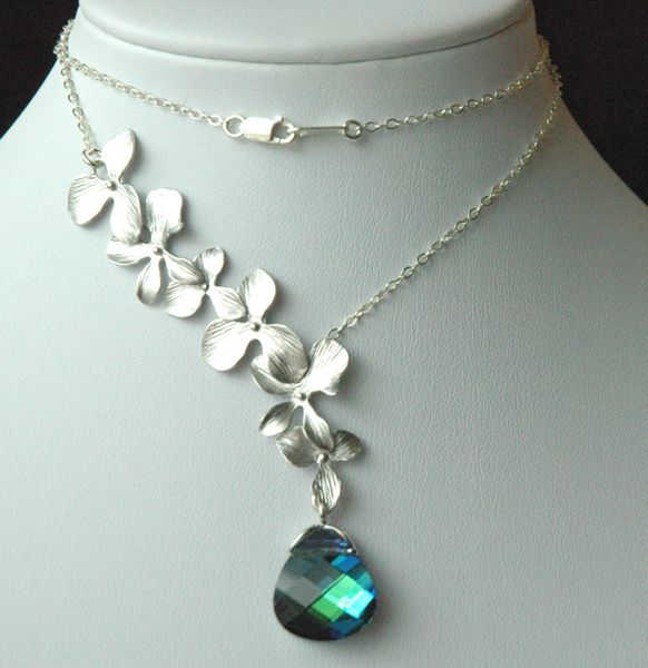 Sterling Silver Orchid Lariat Style and Swarovski Crystal Aqua Sphinx Necklace/Earrings -SET