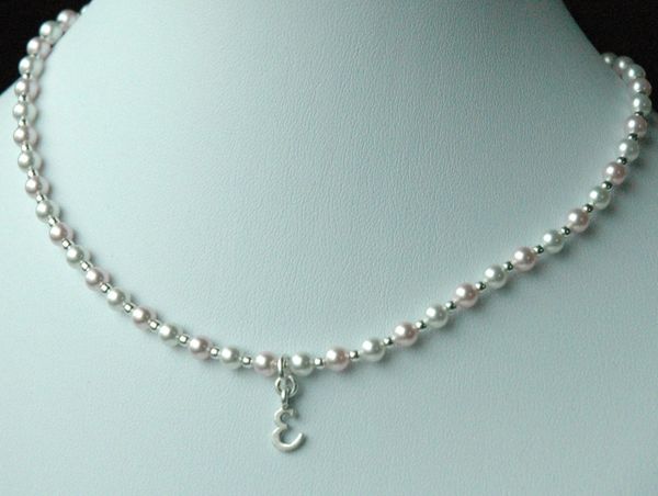 Flower Girls - Sterling Silver White and Pink Swarovski Crystal Pearl Initial Children Necklace