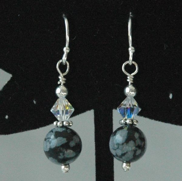 Snowflakes Obsidian and Swarovski Crystal Earrings