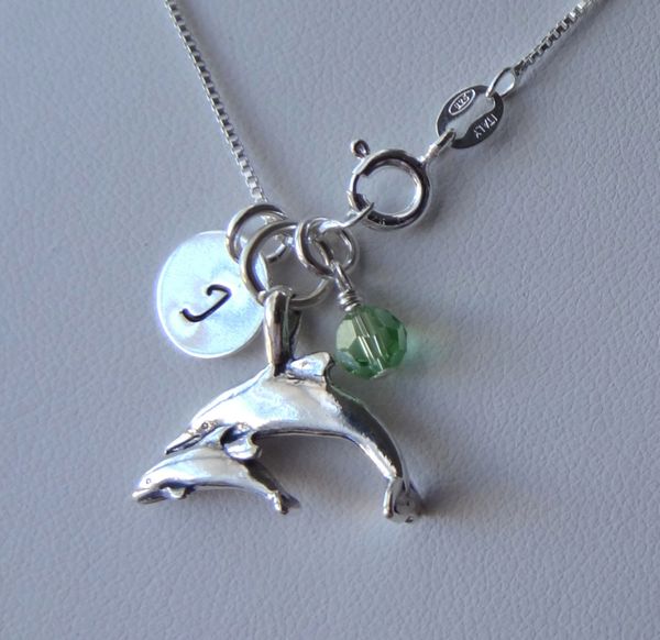 Sterling Silver Personalized Dolphin with Calf Necklace, Birthstone Necklace, Initial Necklace, New Mom Gift, New Mom Mother Necklace