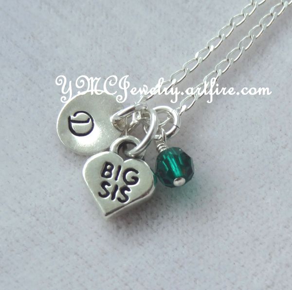 Sterling Silver Big Sister or Lil Sister Birthstone Initial Children Girl Necklaces, Monogrammed Necklace, Birthstone, Big Sister Necklace