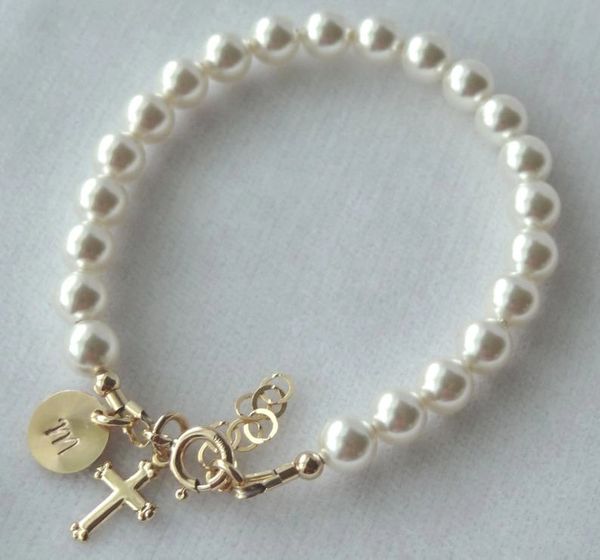 Gold Initial Pearl Baptism Bracelet, First Communion Bracelet, Confirmation Bracelet, Baby Gold Cross Pearl Bracelet, Gold Initial Cross Pearl Baptism Bracelet, Flower Girl Bracelet