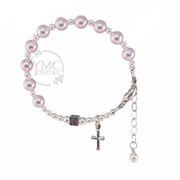 Baby Personalized Pink Pearl Baptism Rosary Bracelet, First Communion Pink Pearl Bracelet