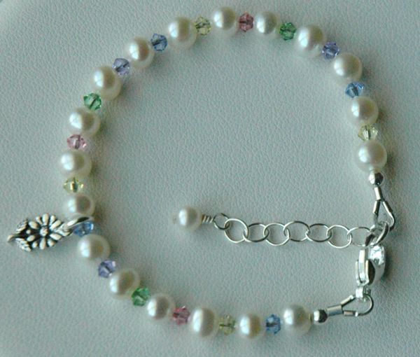 Freshwater Pearl and Swarovski Crystal Multicolor Children Bracelet, Flower Girls Bracelet