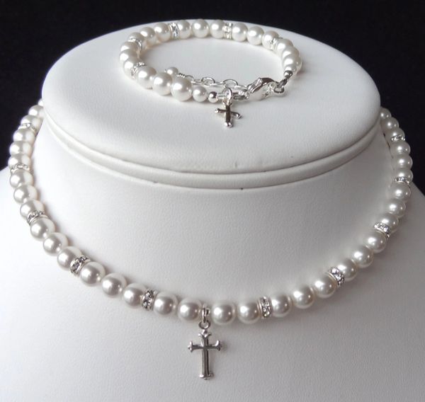 Elegant Children Swarovski Crystal Pearl and Rondelle With Cross Necklace/Bracelet--SET, First Communion, Confirmation