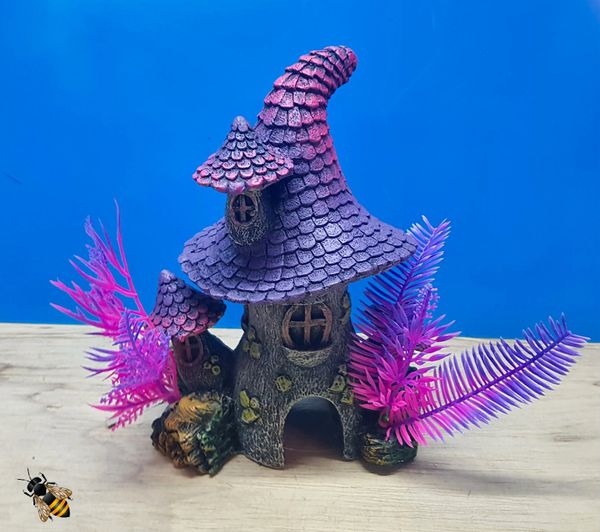 Aquarium Ornament Pixie House Purple Cave Plant Decoration Fish Bowl Tank