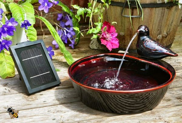 Bird Bowl Water Feature Fountain Solar Power Ceramic Patio Garden LED Light