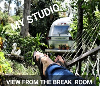 Taking a break in the hammock looking at the rear end of my studio AKA The Airstream!