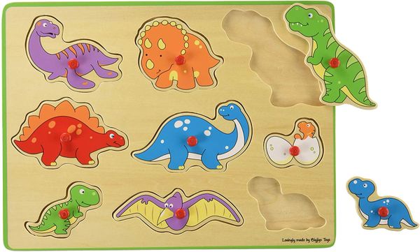 WOODEN PEG PUZZLE ...9 X Dinosaurs to Lift In & Out