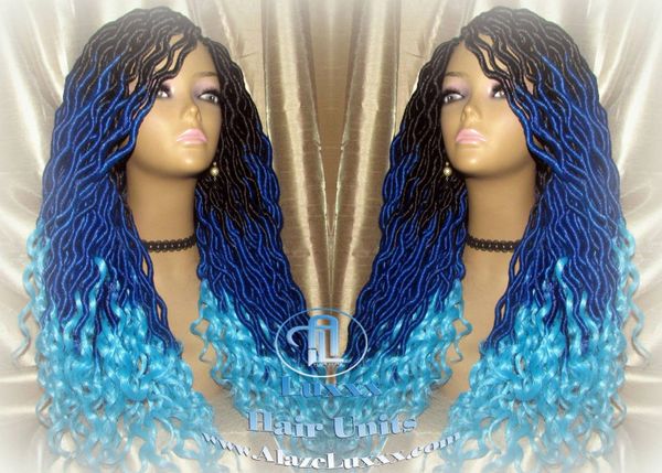 Goddess Faux Locs Blue Ombre curly long wig synthetic dreads