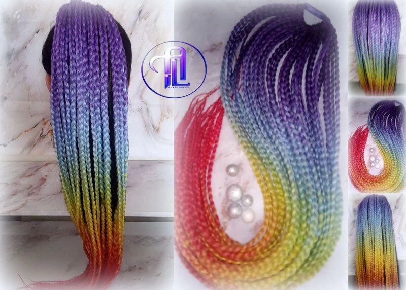 Ponytail Hair Fall Extensions Ombre Rainbow Purple Blue braids hair scrunchy