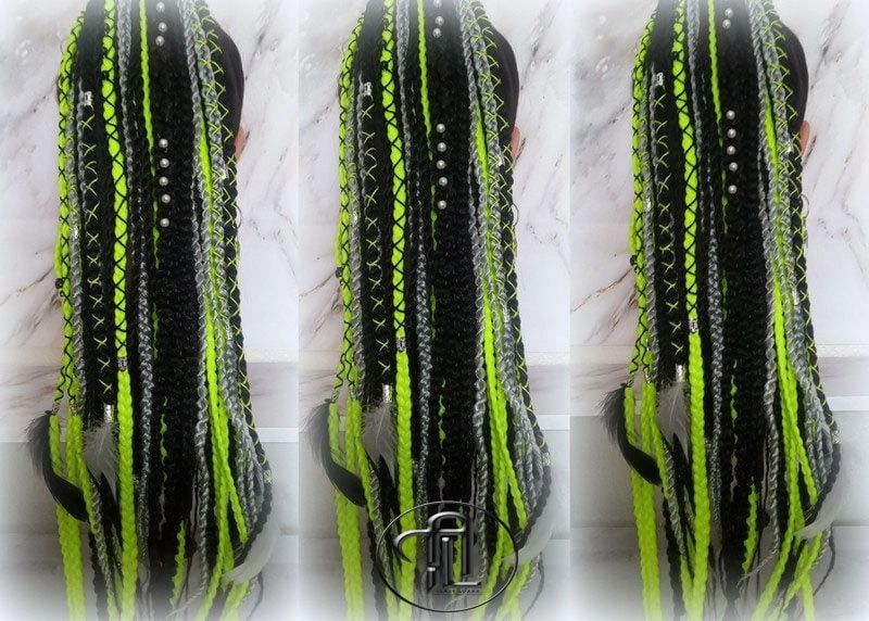 Ponytail Hair Fall Extension Green Black Grey Ombre scrunchie clipin Viking Hair