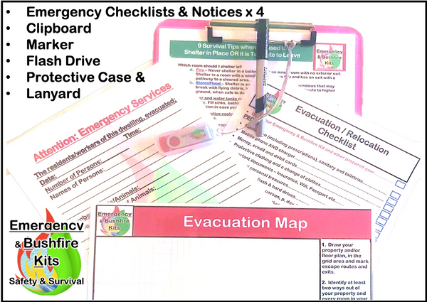 Emergency checklist clipboard marker flash driver evacuation notice, relocation planning, survival kit