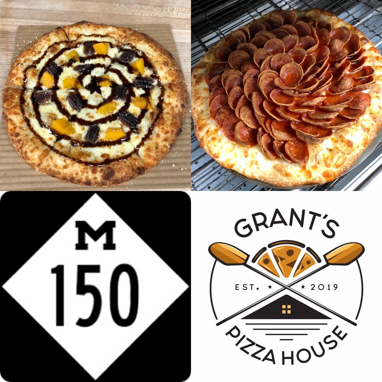 Two distinct pizzas with logos below them.