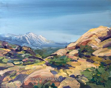 Landscape painting, snow on mountain, Pioneertown, California.