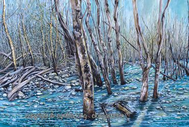 Snow runoff, mountain spring, rocks, water, teal, birch trees