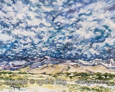 watercolor landscape painting, weather, clouds, Eastern Sierra