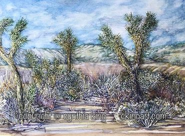 Joshua Trees, watercolor,  desert, clouds, chollas