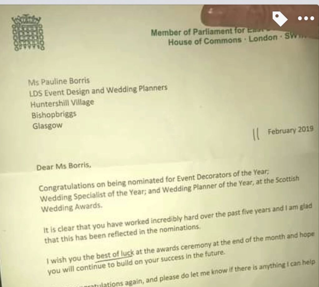 House of Commons congratulations letter award winning recognition letter.